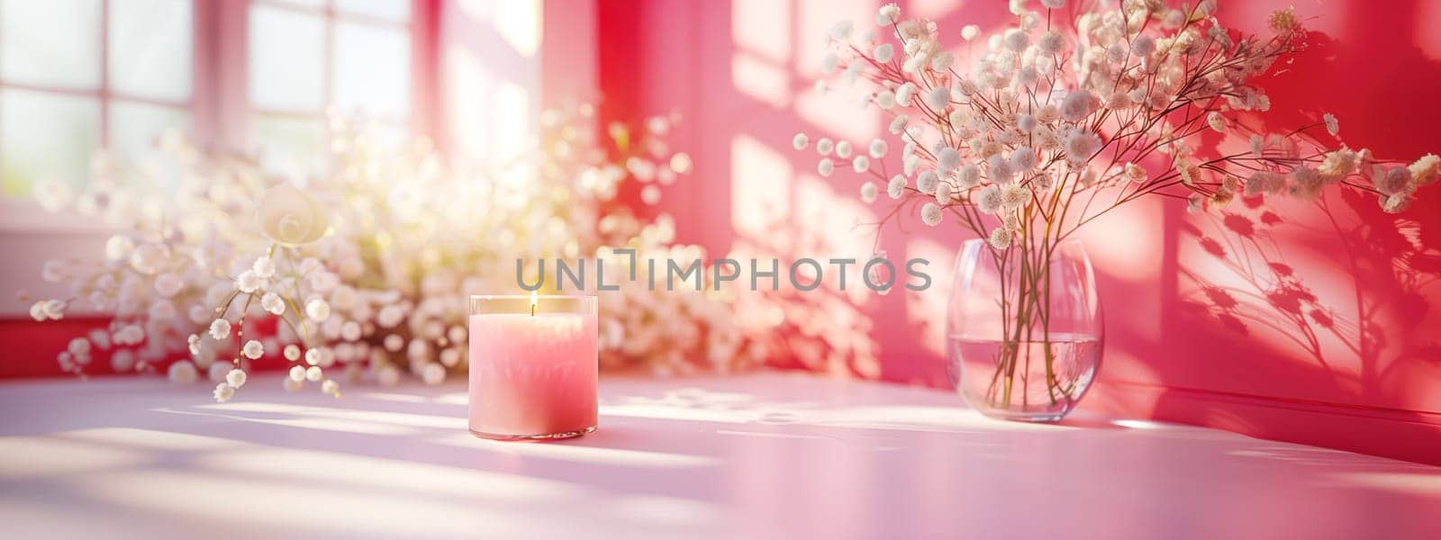 Pink candles and glass vase with white flowers standing on table, sunlight on pastel pink wall. Mock up, space for copy.