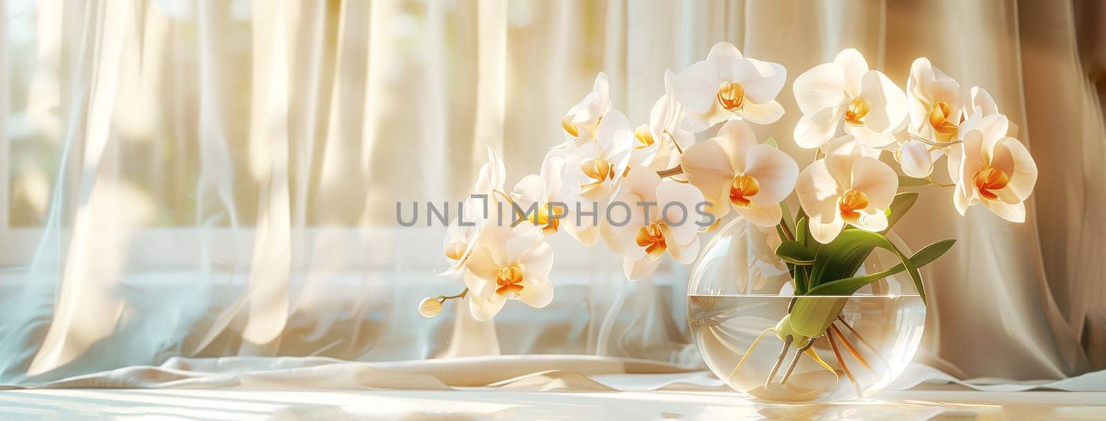 Beautiful ivory color orchids standing on white table by Ciorba