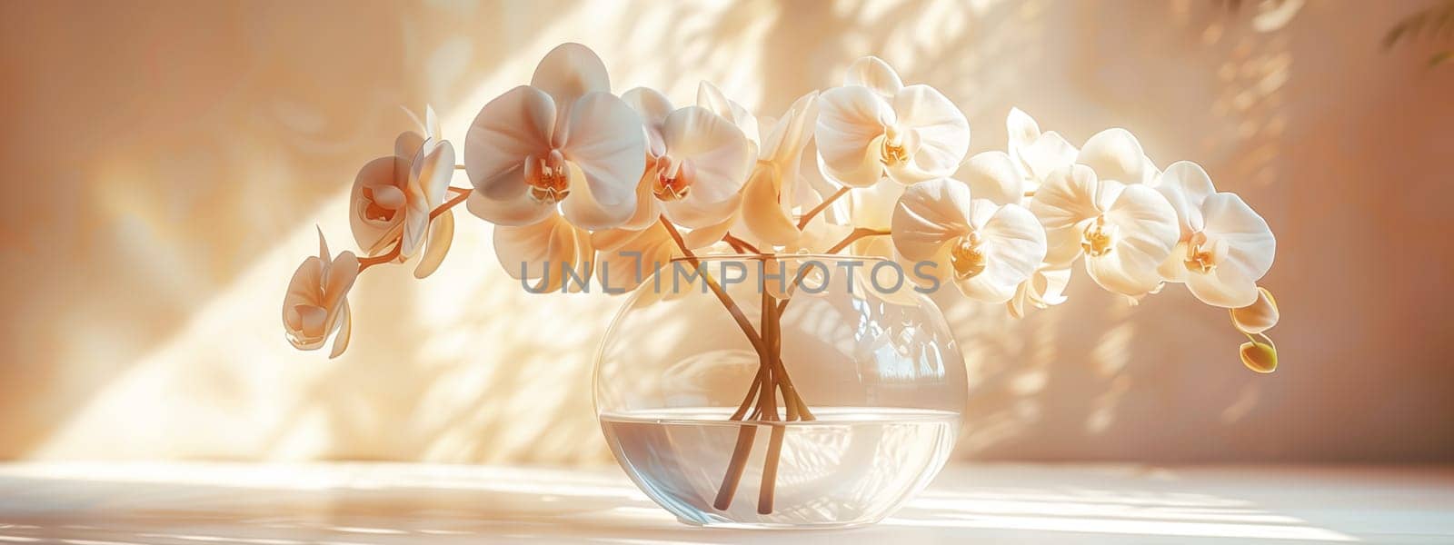 Orchids flower in transparent glass vase standing on white table, sunlight on pastel ivory color wall with the light coming in through the window creating shadows. Mockup template. copy space.