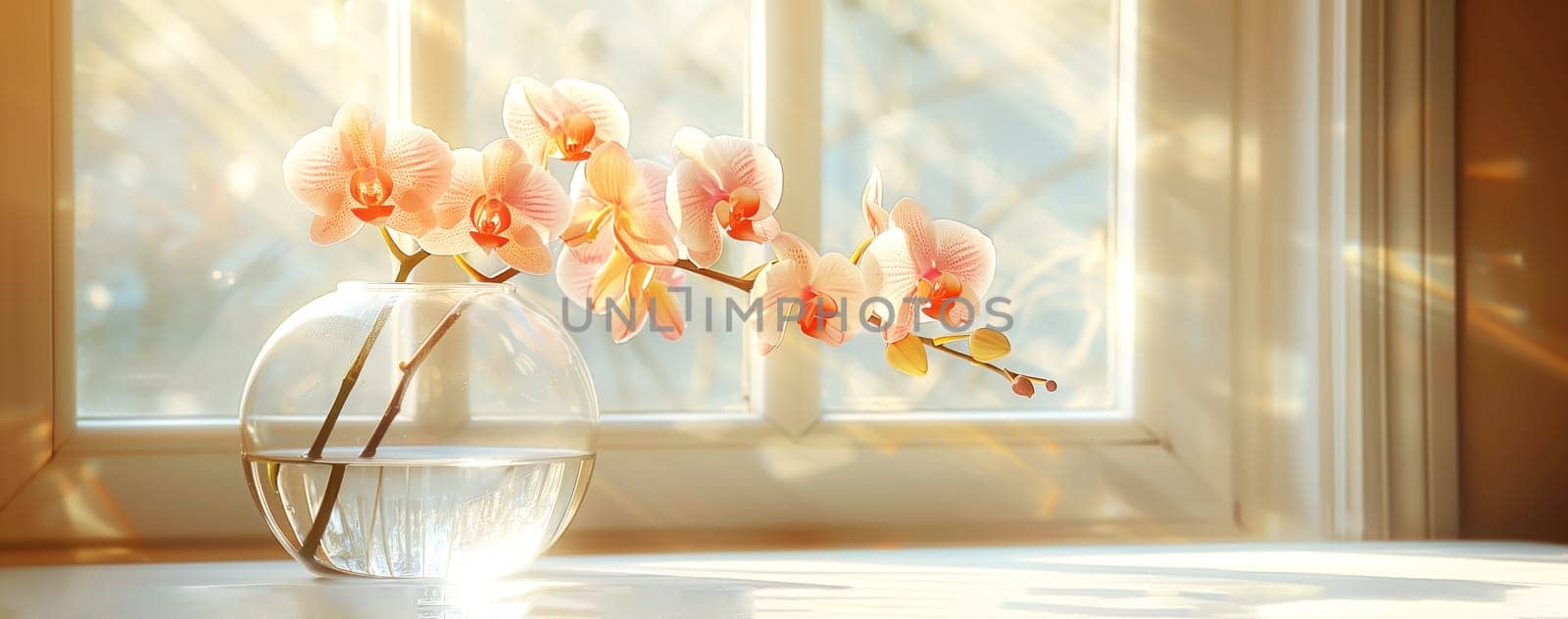 Orchids flower in transparent glass vase standing on white table, sunlight on pastel ivory color wall with the light coming in through the window creating shadows. Mockup template. copy space.