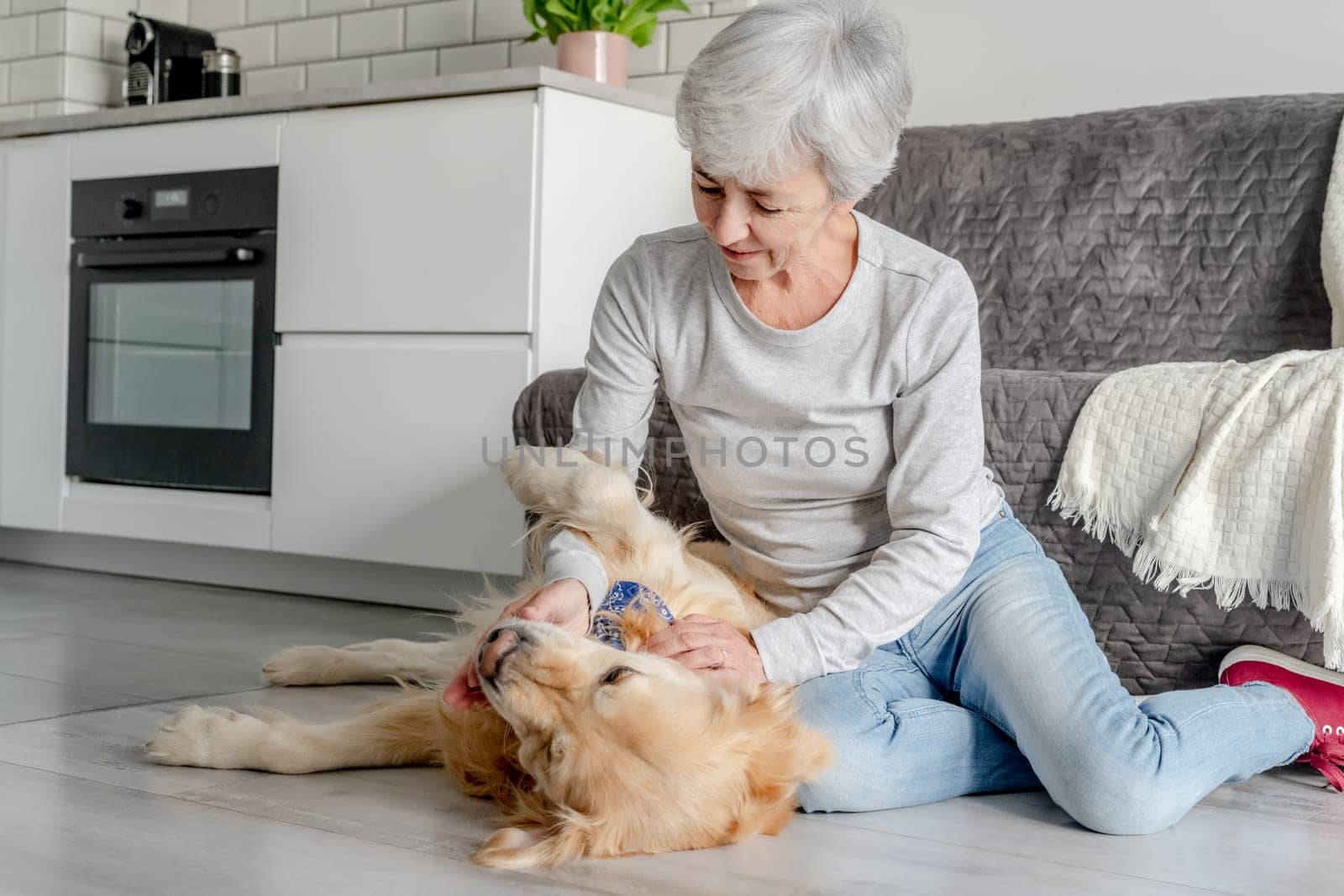 Woman With Grey Hair Plays With Golden Retriever At Home