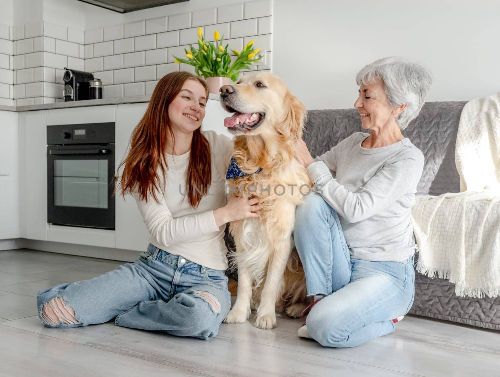Teenage Girl And Her Grandmother Are At Home With Their Golden Retriever Dog