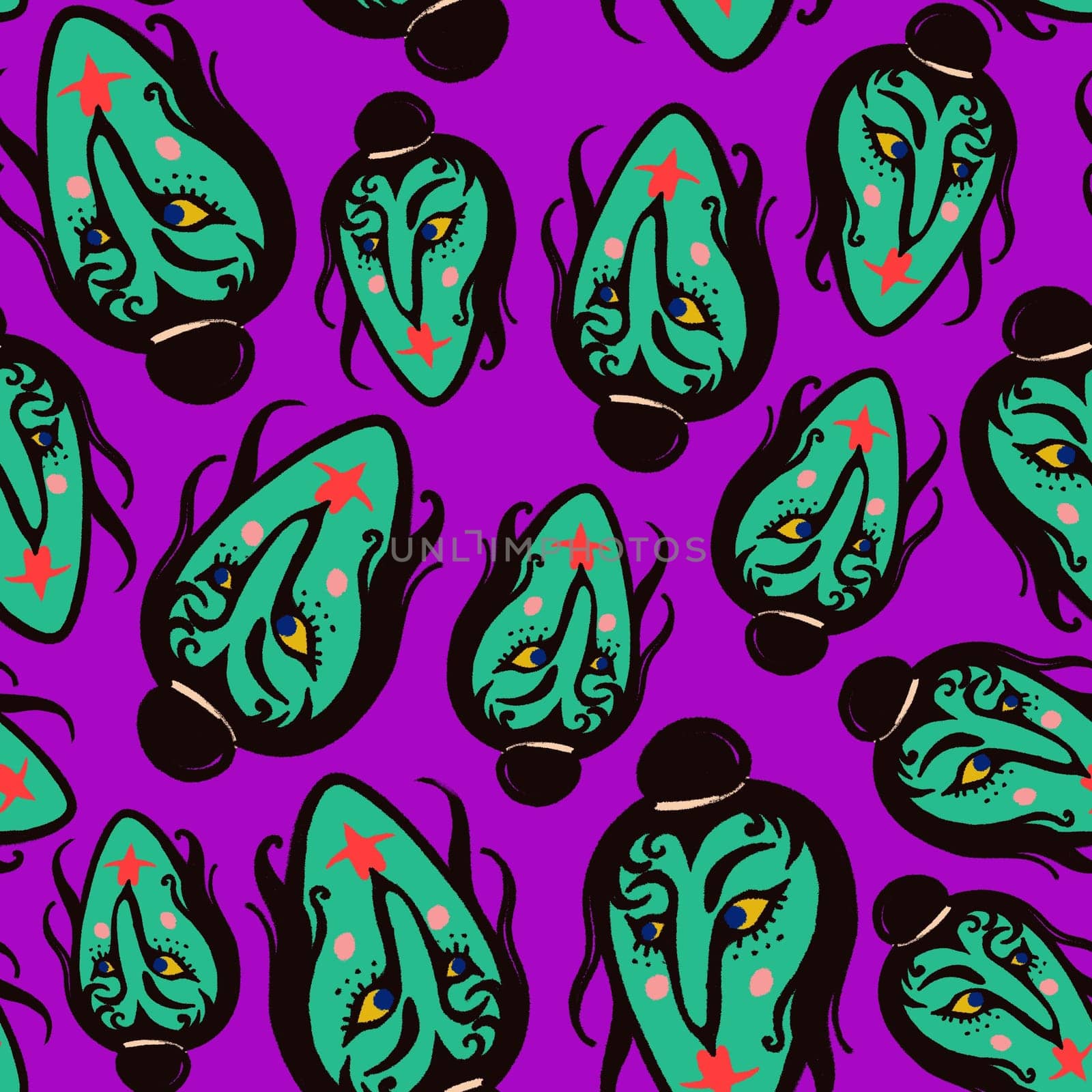Purple seamless pattern of green playful whimsical cartoon-style faces
