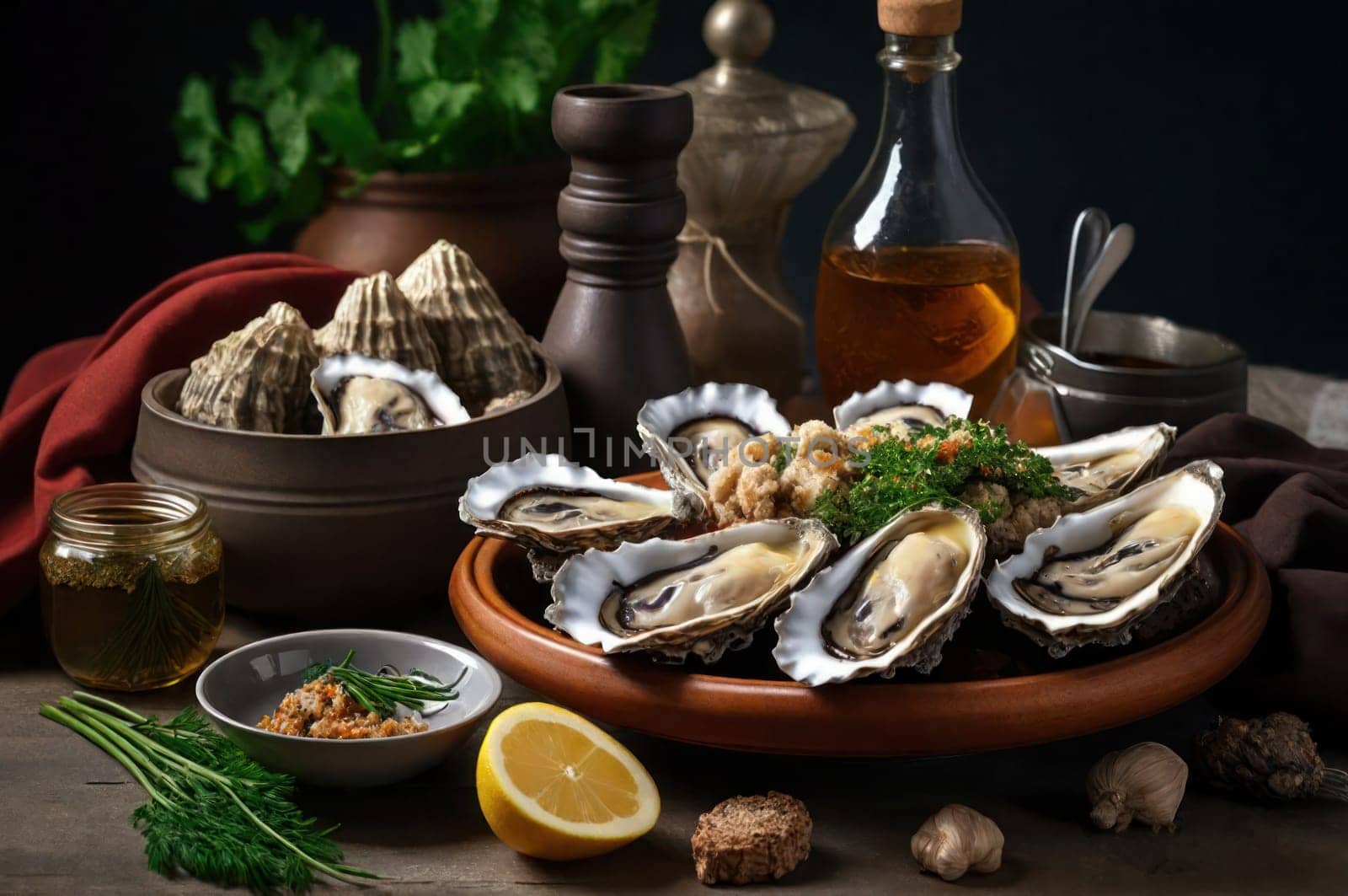 Side view of oysters ready to celebrate National oyster day. Fresh oysters with lemon on a black table with ingredients. Still life