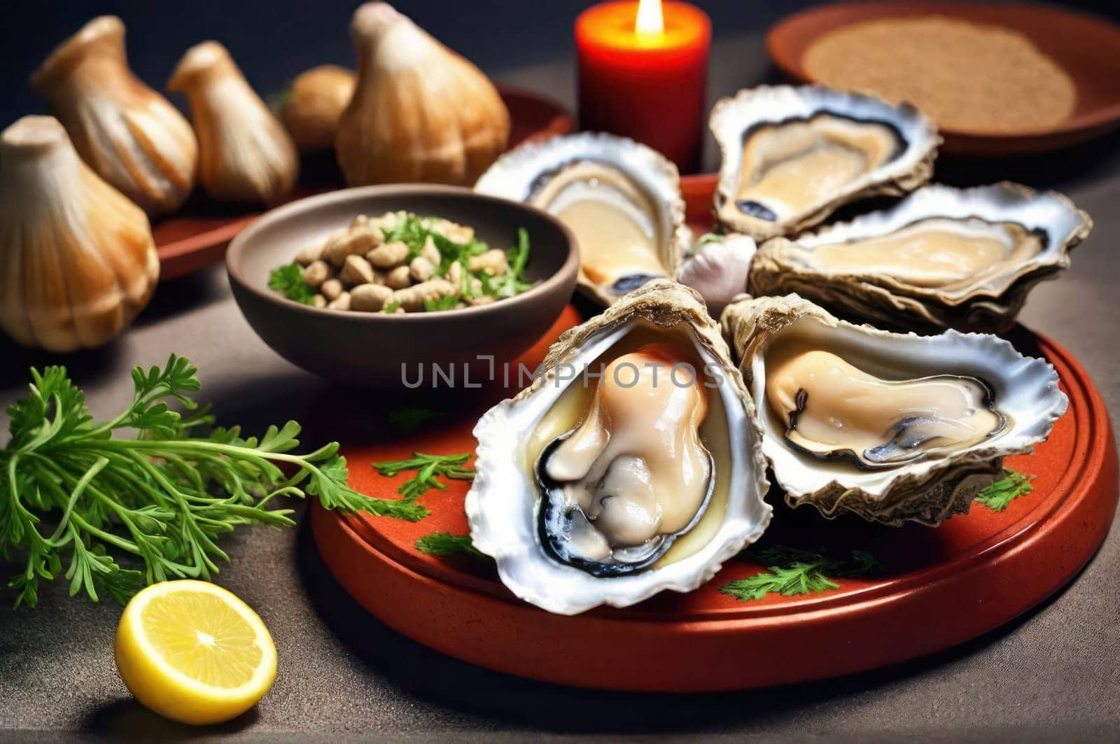 Plate of oysters ready to celebrate National oyster day. Side view of fresh oysters with lemon on a black table with ingredients. Banner for sea food promotion