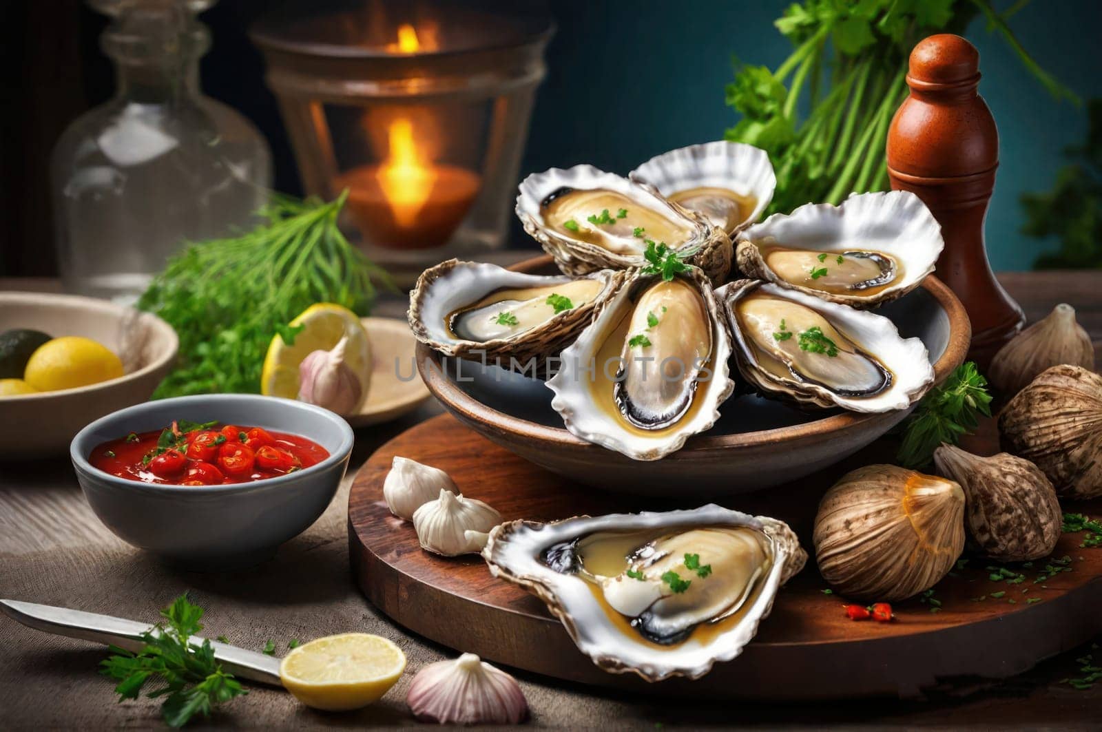 A fine table with fresh oyster ready for a candlelight dinner. by VeroDibe