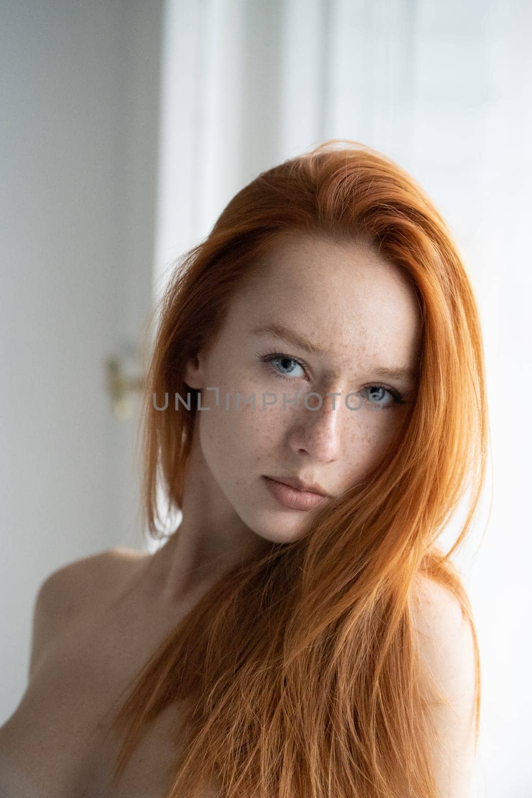 portrait of a young beautiful woman with red hair in the studio