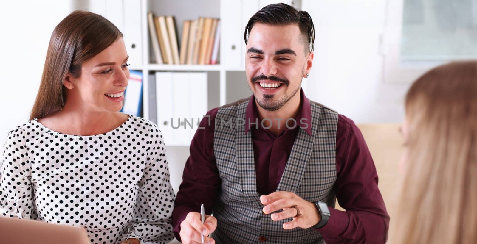 Group of people sit in office deliberate on problem portrait. White collar talk and listen idea discuss profit review sale market debate train lawyer document study finance adviser job concept