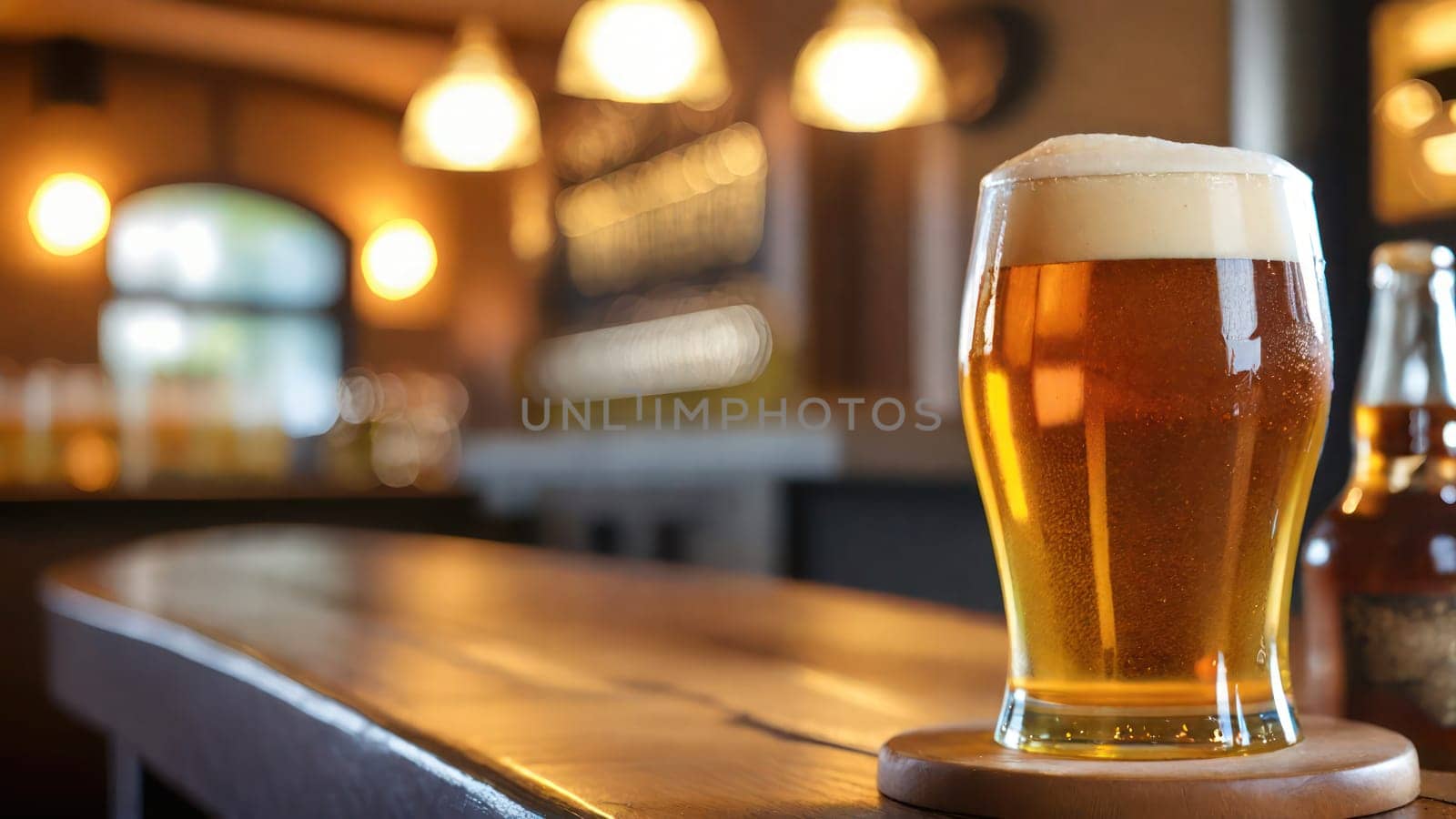 Very close-up of a glass of lager beer with foam on a blurred bar background. by VeroDibe