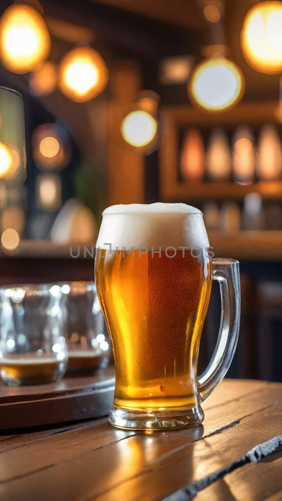 Vertical graphic resource for beer and brewpubs promotion.Beer glass with foam on rustic bar. Oktoberfest promotional banner