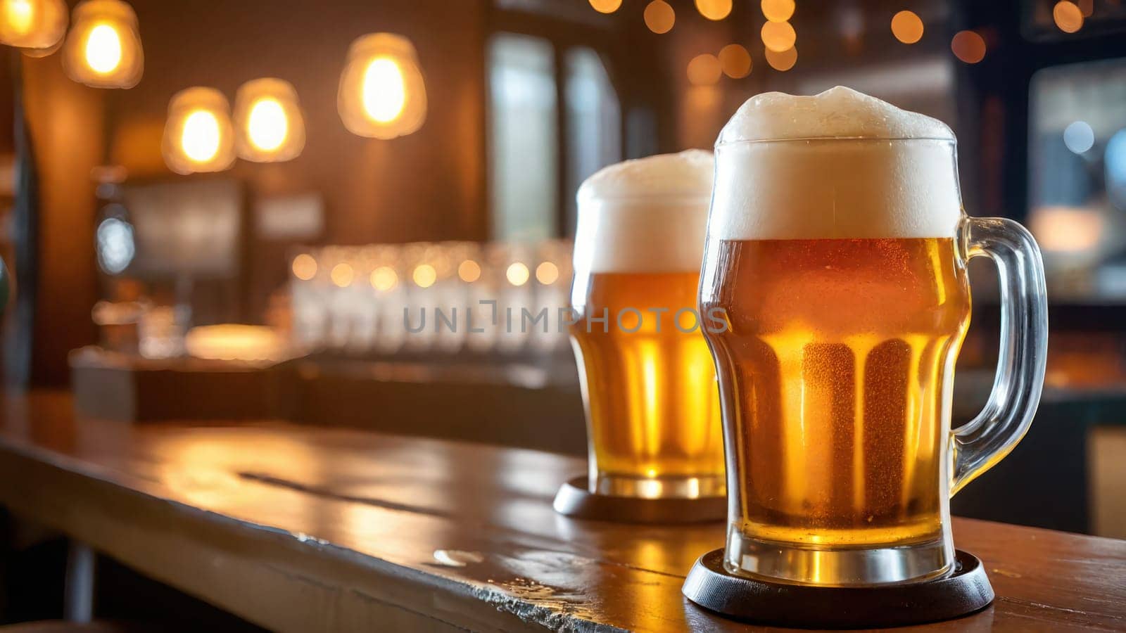 Two steins of fresh frothy golden lager beer with blurred background on a bar. by VeroDibe