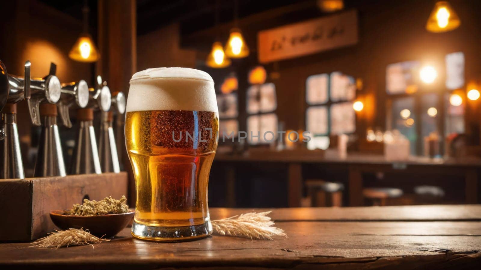 Close-up pint of golden beer with foam on a blurred bar background. by VeroDibe