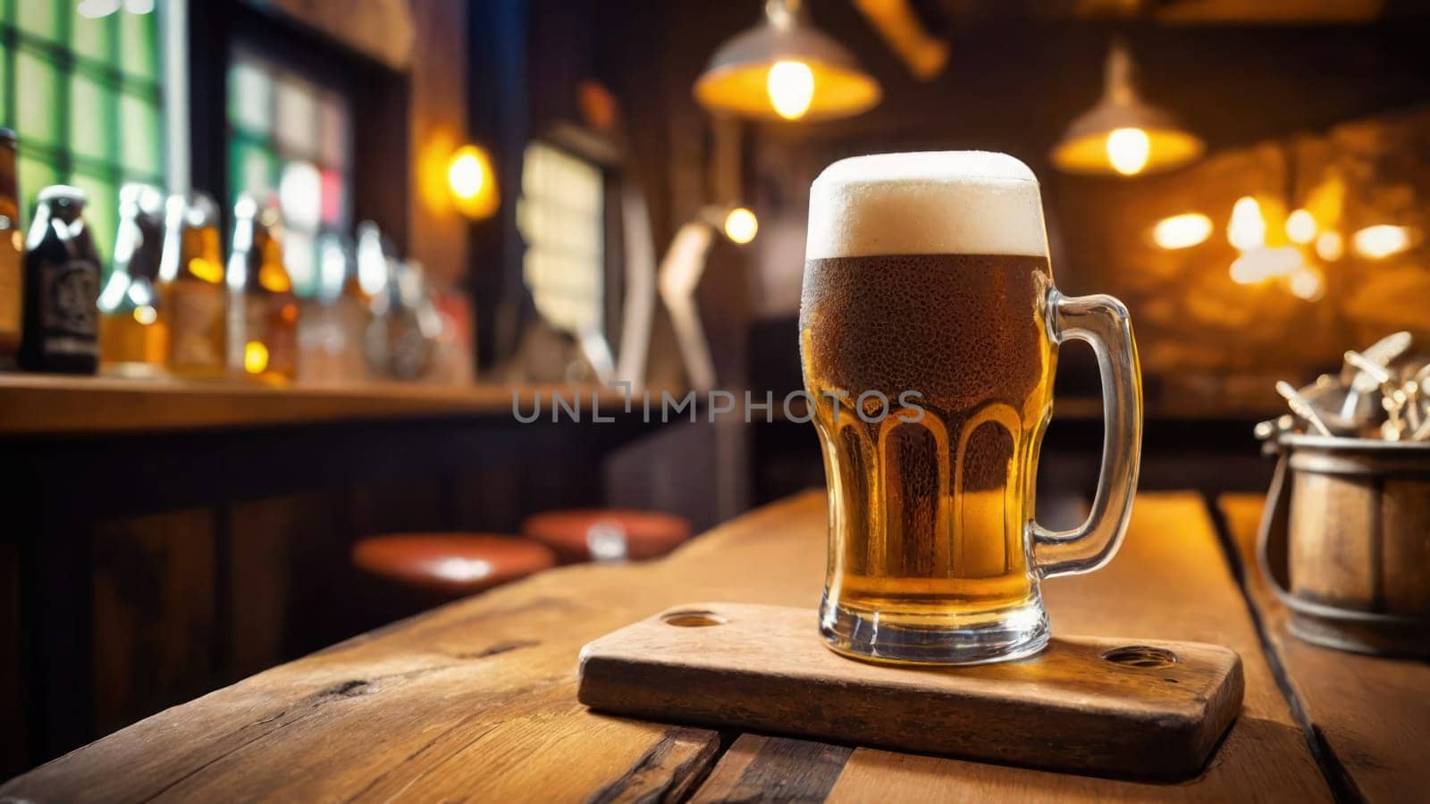 Beer mug or stein of fresh frothy lager beer with blurred background in a bar. by VeroDibe