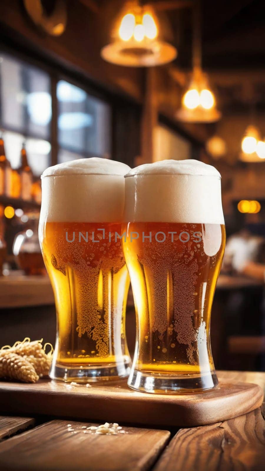 A couple of glasses of beer on a wooden bar table.Oktoberfest banner. by VeroDibe