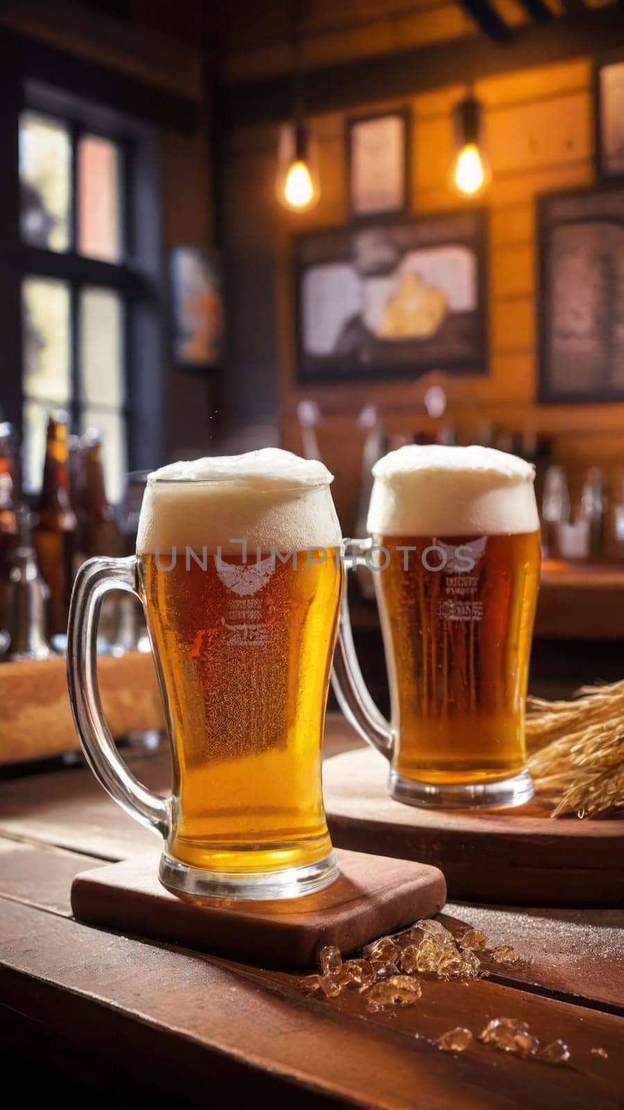 Vertical shot of two mugs of golden lager beer with blurred background on a bar. by VeroDibe