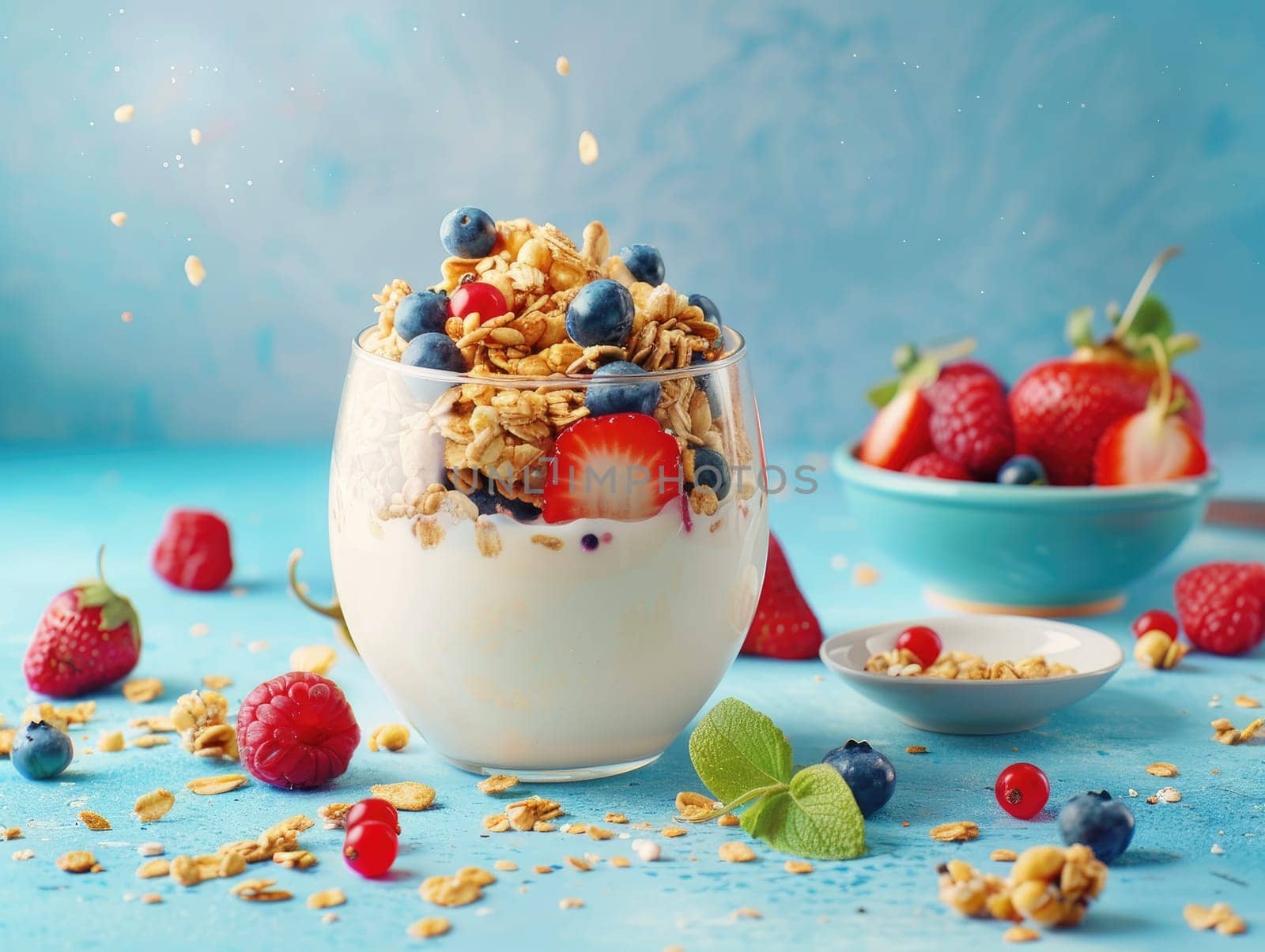 Granola with fresh berries and yogurt in glass on blue background. Healthy breakfast concept. Food photography for design and print. Ai generation. High quality photo