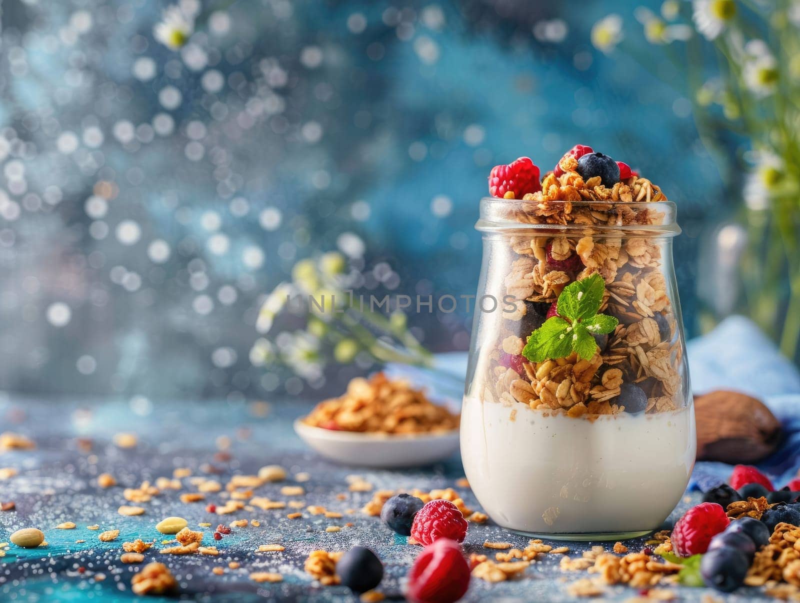 Granola with fresh berries and yogurt in glass on blue background. Healthy breakfast concept. Food photography for design and print. Ai generation. High quality photo