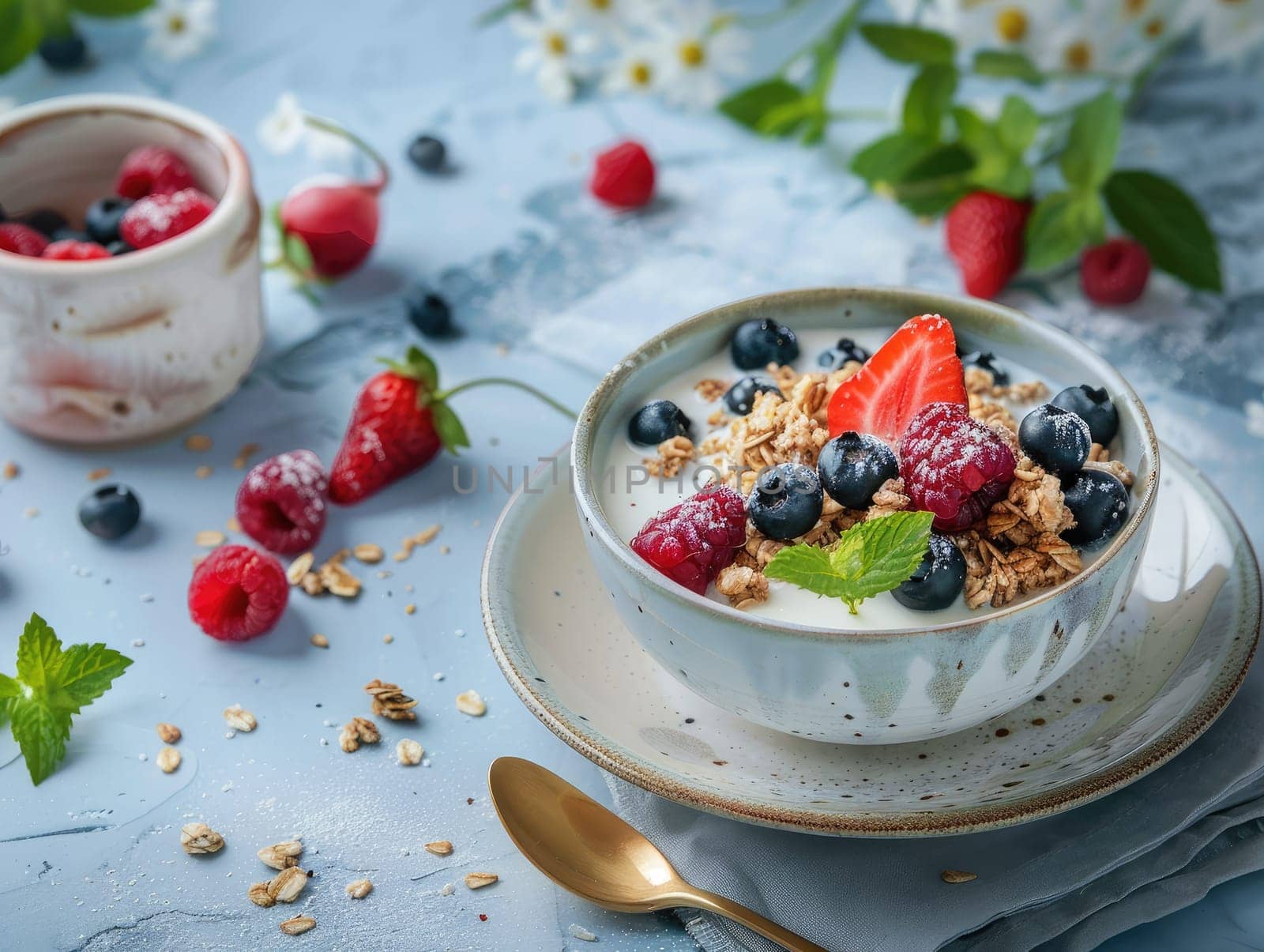Bowl of yogurt with granola, strawberries, blueberries, raspberries. Fresh berries and granola scattered around. Studio food photography. Healthy breakfast concept. Ai generation. High quality