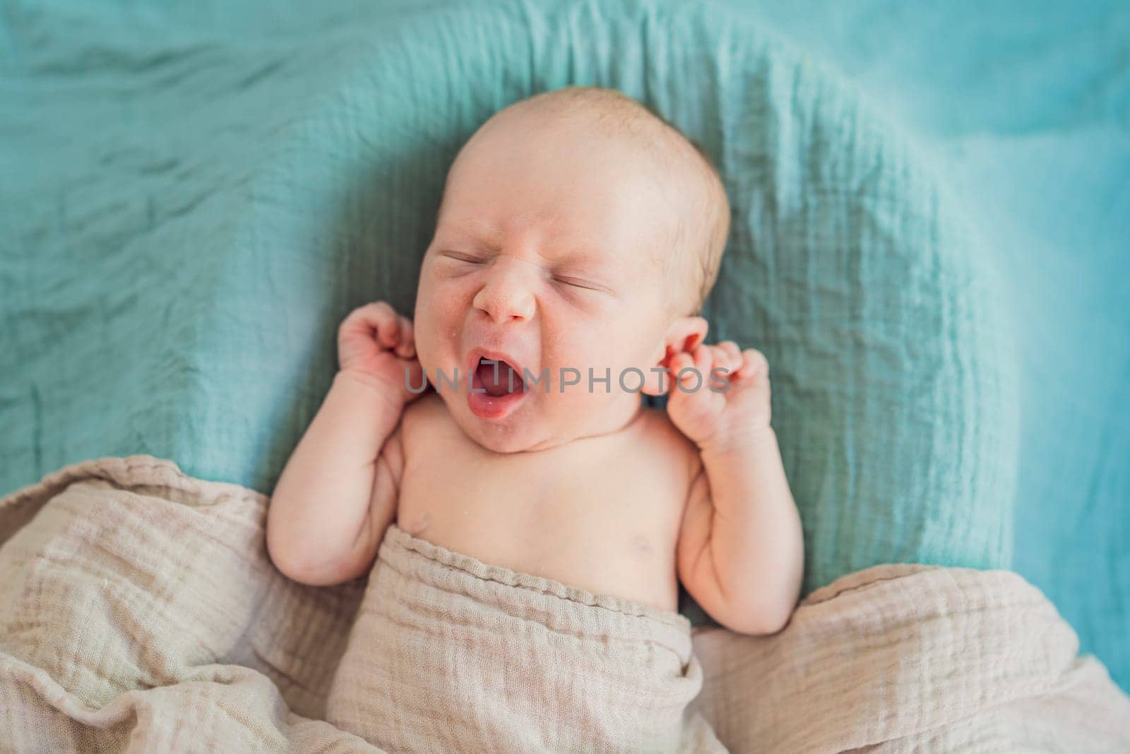 The baby is sleeping peacefully in his cozy nest. Newborn photo session captures the serene innocence and warmth of early moments.