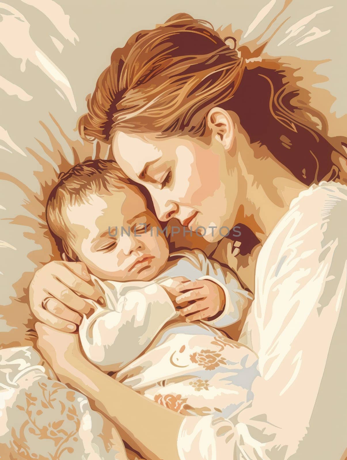 A mother lovingly holds her sleeping baby in a soft, cozy bed. The scene is calm and serene, perfect for promoting products that help babies and parents sleep peacefully.