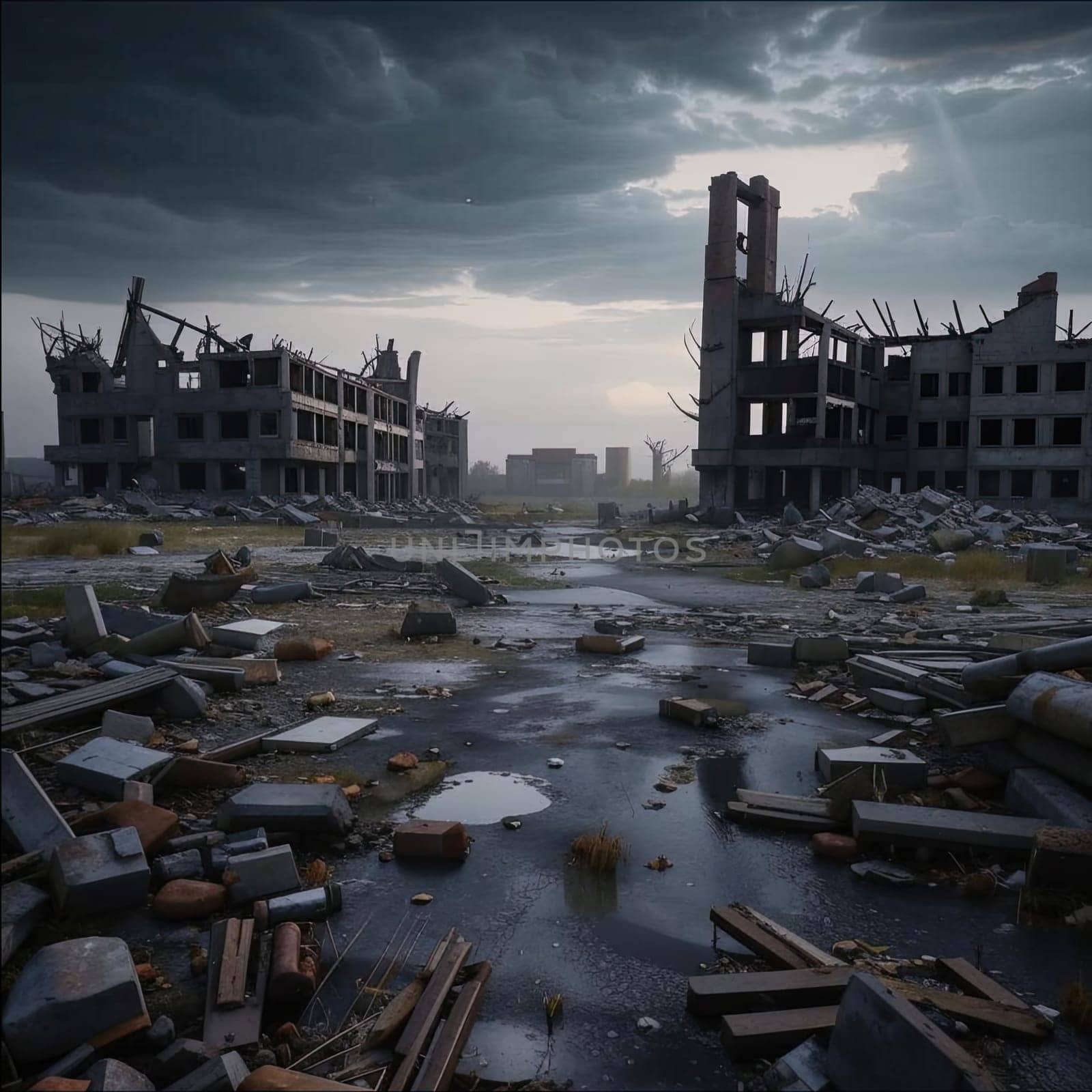 Photograph of destroyed buildings and houses due to the war. Mass destruction. Lifeless cities. Combat operations on the territory of civilians. Concrete, stones and glass shards.