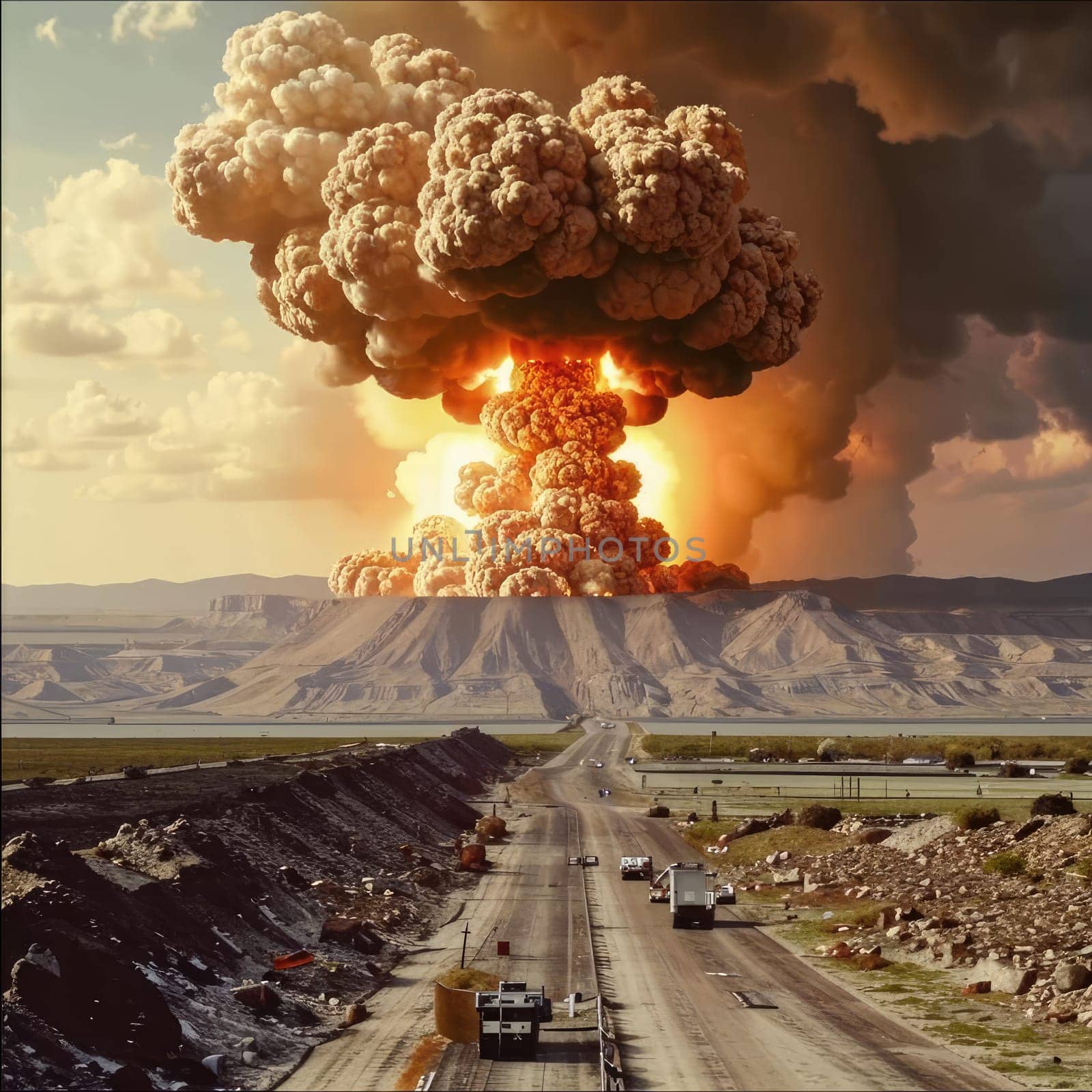 A photograph of a nuclear explosion against the backdrop of destroyed buildings and vacant lots and people. Military combat operations. Nuclear mushroom. Weapons of mass destruction.