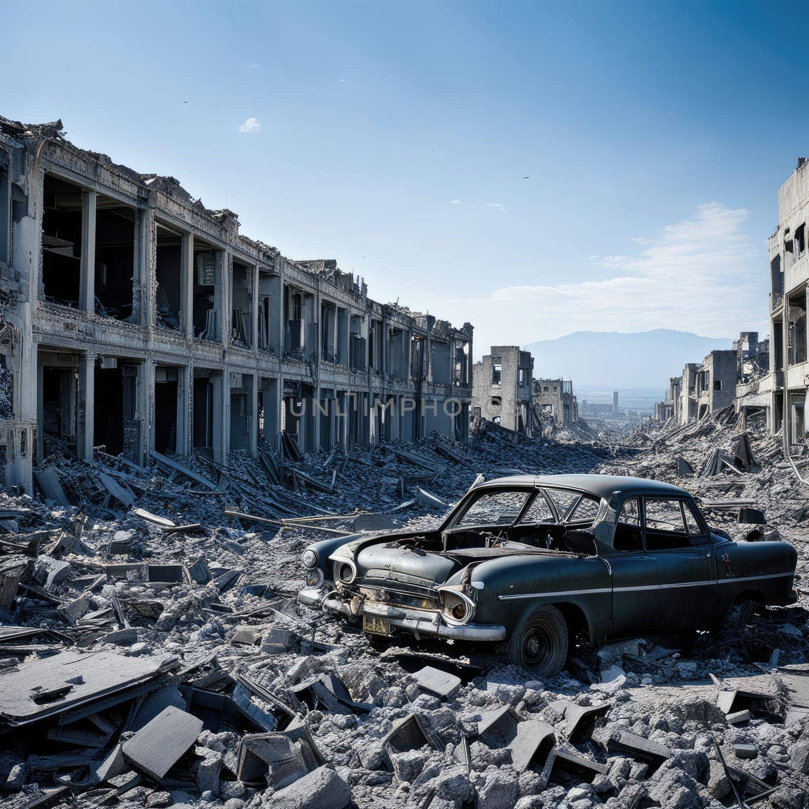 Photograph of destroyed buildings and houses due to the war. Mass destruction. Lifeless cities. Combat operations on the territory of civilians. Concrete, stones and glass shards.