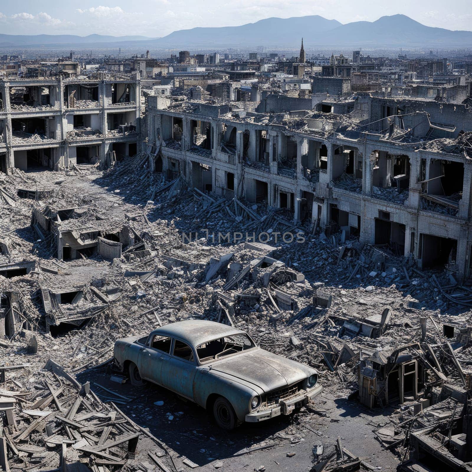 Photograph of destroyed buildings and houses due to the war. Mass destruction. Lifeless cities. Combat operations on the territory of civilians. Concrete, stones and glass shards.