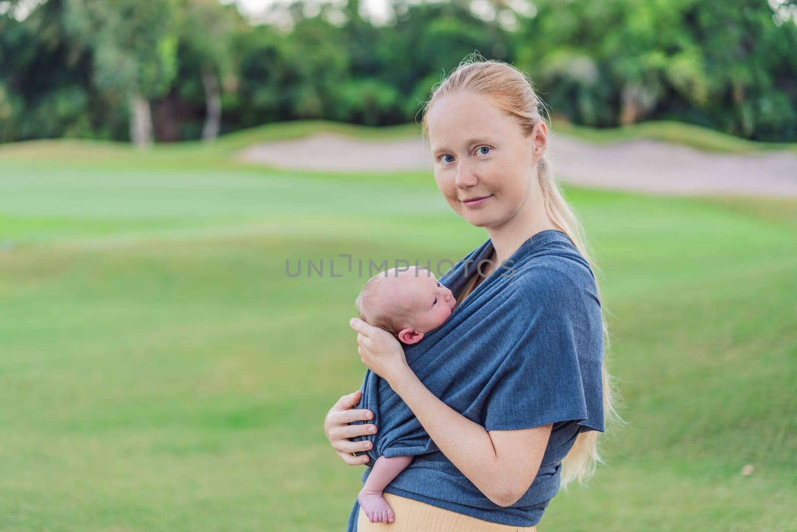 Mom walks with her newborn baby in a sling. This moment highlights the close bond between mother and child, promoting comfort, security, and the benefits of babywearing in everyday life.