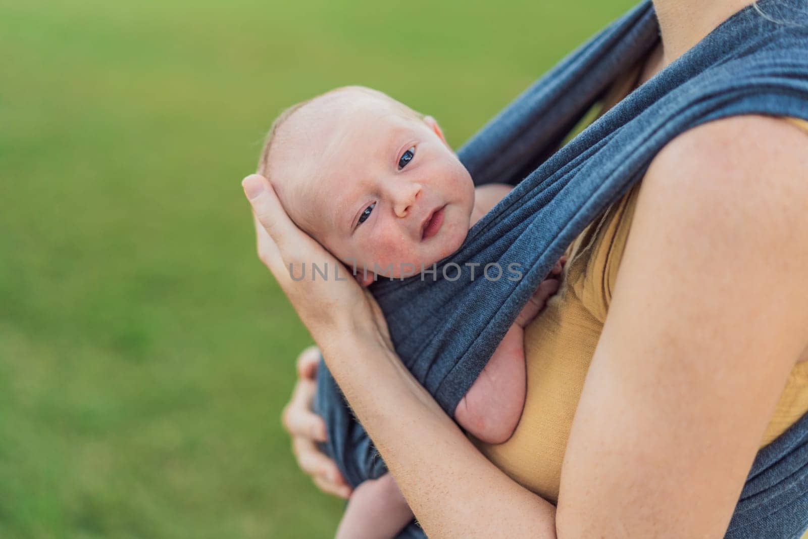 Mom walks with her newborn baby in a sling. This moment highlights the close bond between mother and child, promoting comfort, security, and the benefits of babywearing in everyday life.