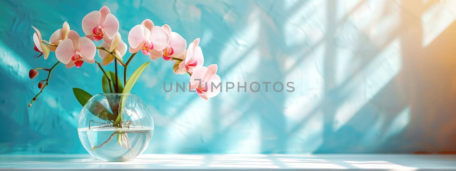 Beautiful pink color orchids standing on white table by Ciorba