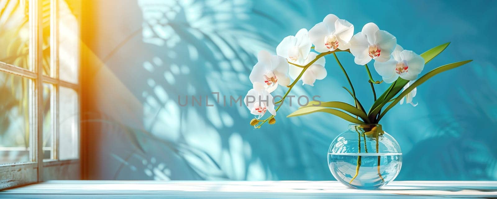 Orchids flower in transparent glass vase standing on white table, sunlight on pastel blue color wall with the light coming in through the window creating shadows. Mockup template. copy space.