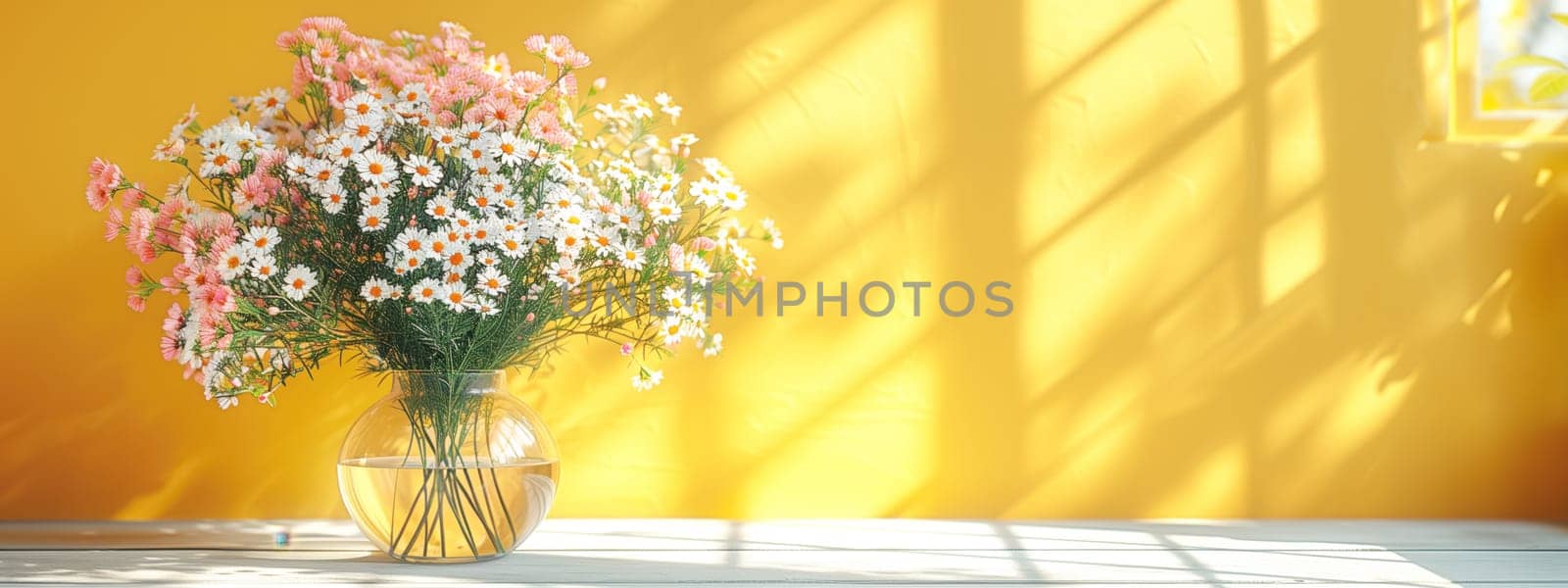 Bouquet of wildflowers in a small glass vase on the white table. chamomiles, cornflowers, green grass. Summer concept. Contrast shadows on the pastel yellow wall. Country style. Mockup template. space for copy.