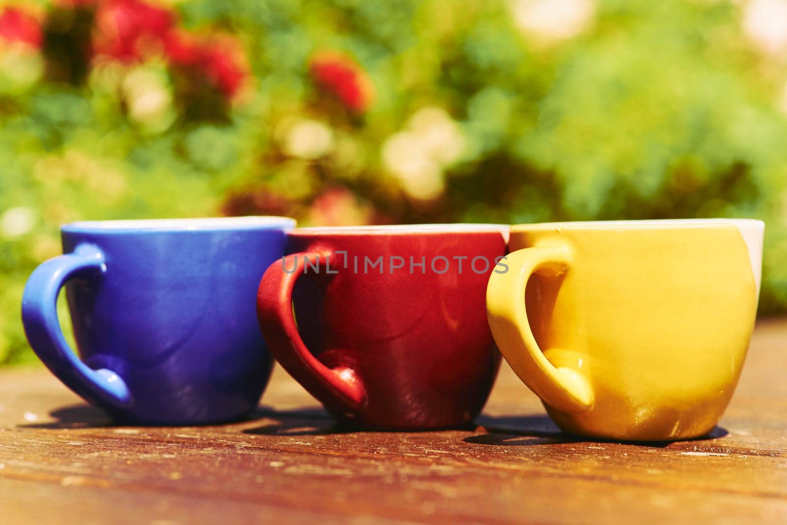 Tea time. Coffee break. Blue yellow red cups on wooden in blooming garden by jovani68