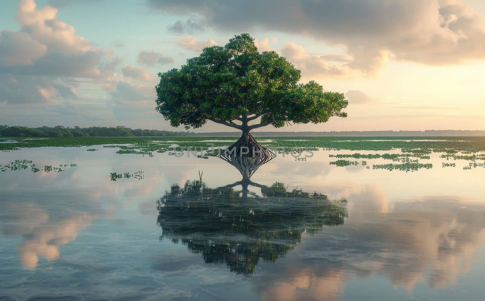 A large tree is reflected in the water by AI generated image by wichayada