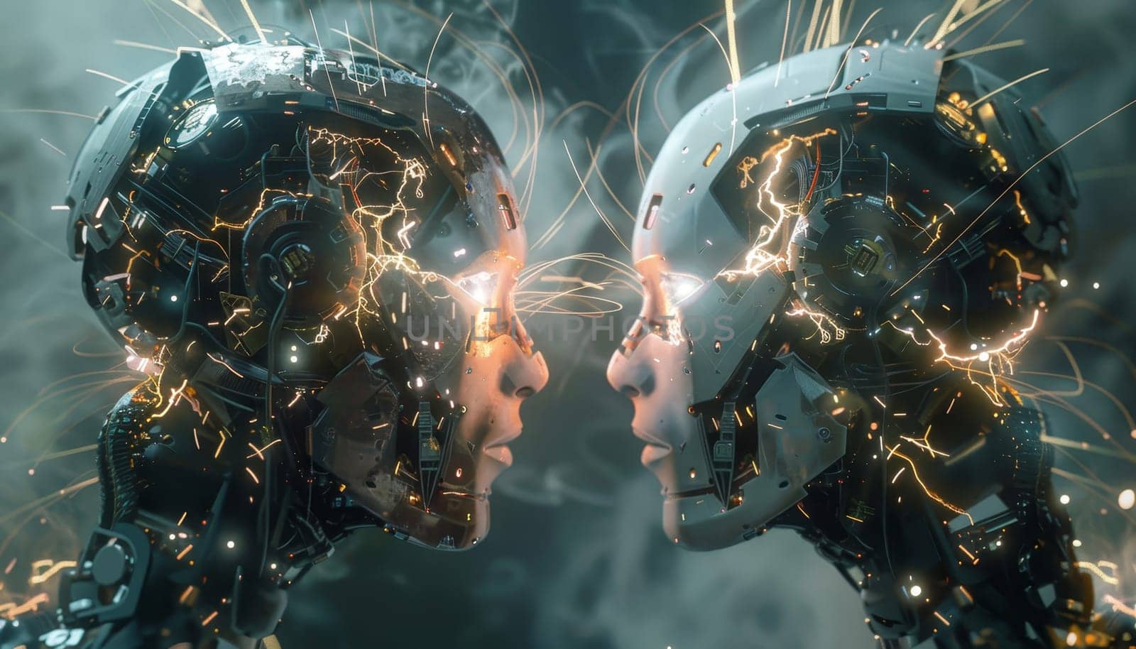 Two robot heads, one white and one black, with fire coming out of their eyes by AI generated image.