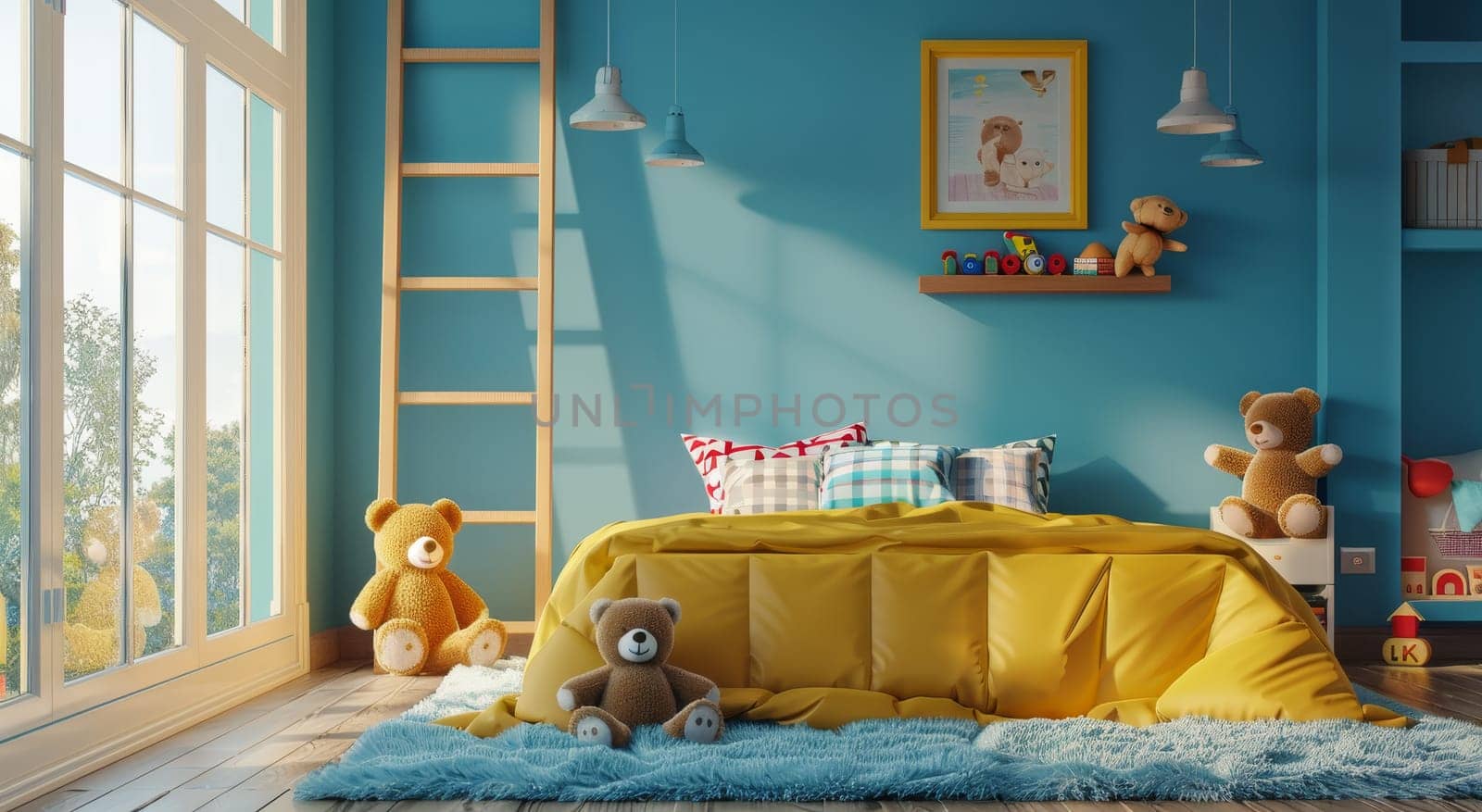 A bedroom with a yellow bed and a ladder by AI generated image by wichayada