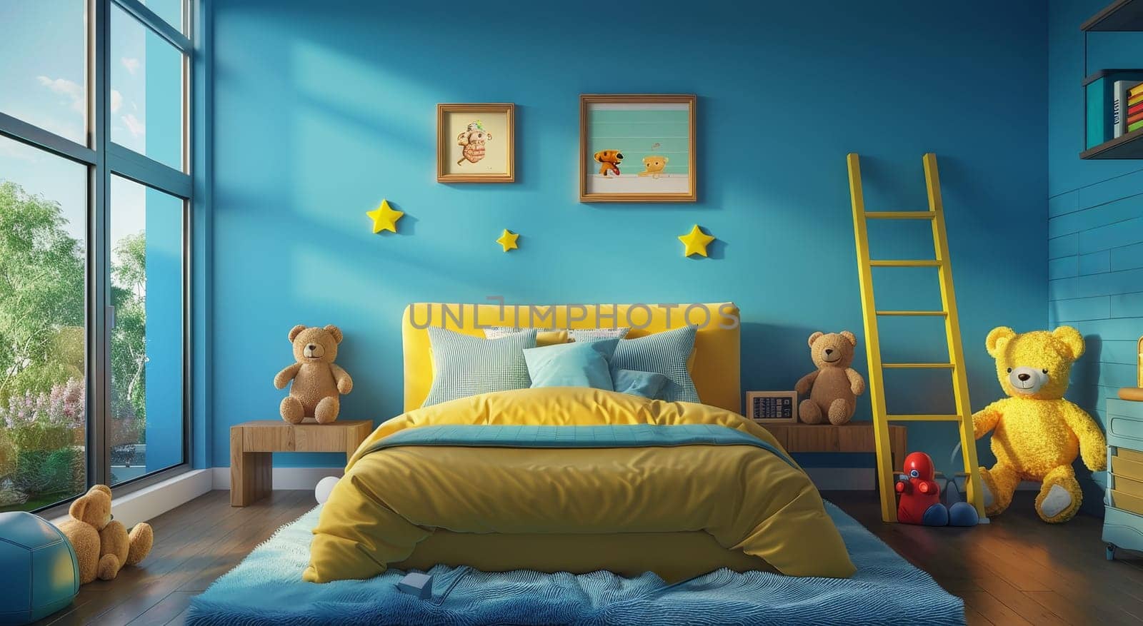 A bedroom with a yellow bed and a ladder by AI generated image.