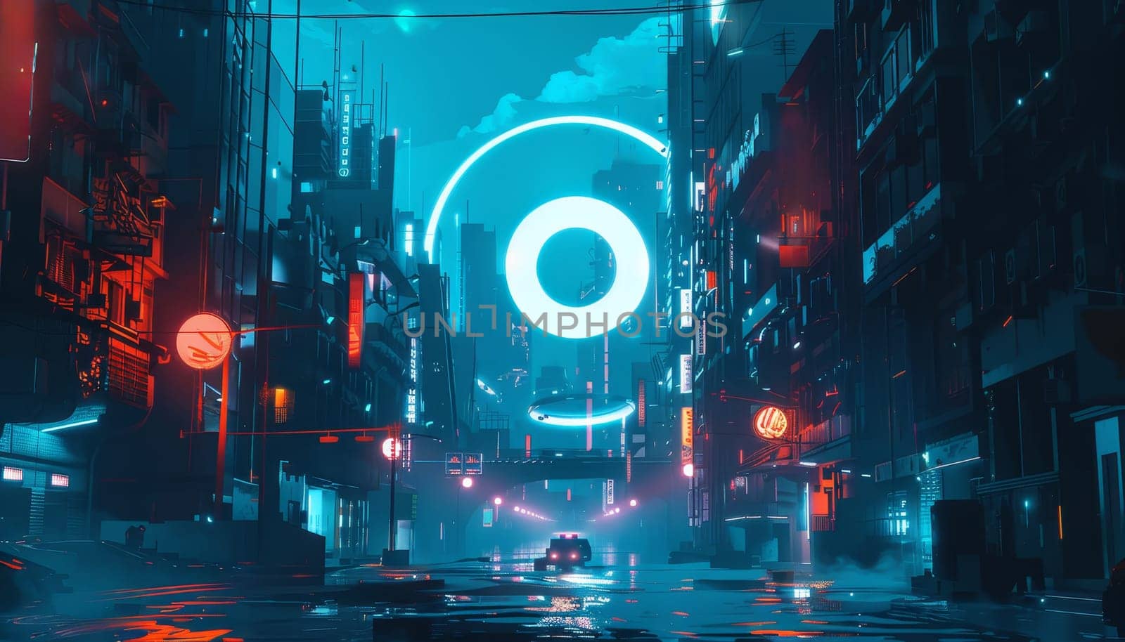 A cityscape with neon lights and a large circle in the middle by AI generated image by wichayada