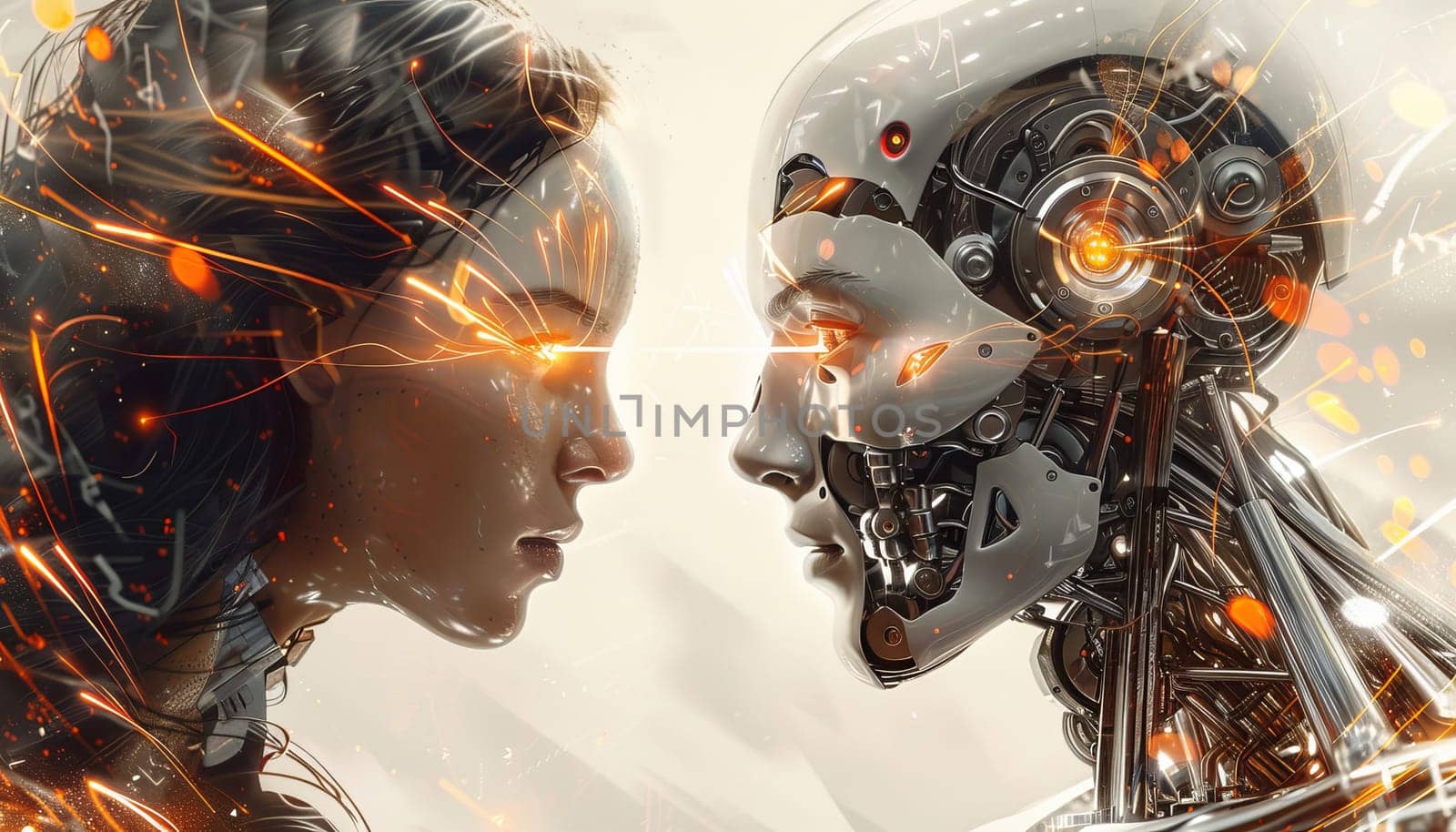 Two robots are facing each other with their eyes open by AI generated image by wichayada