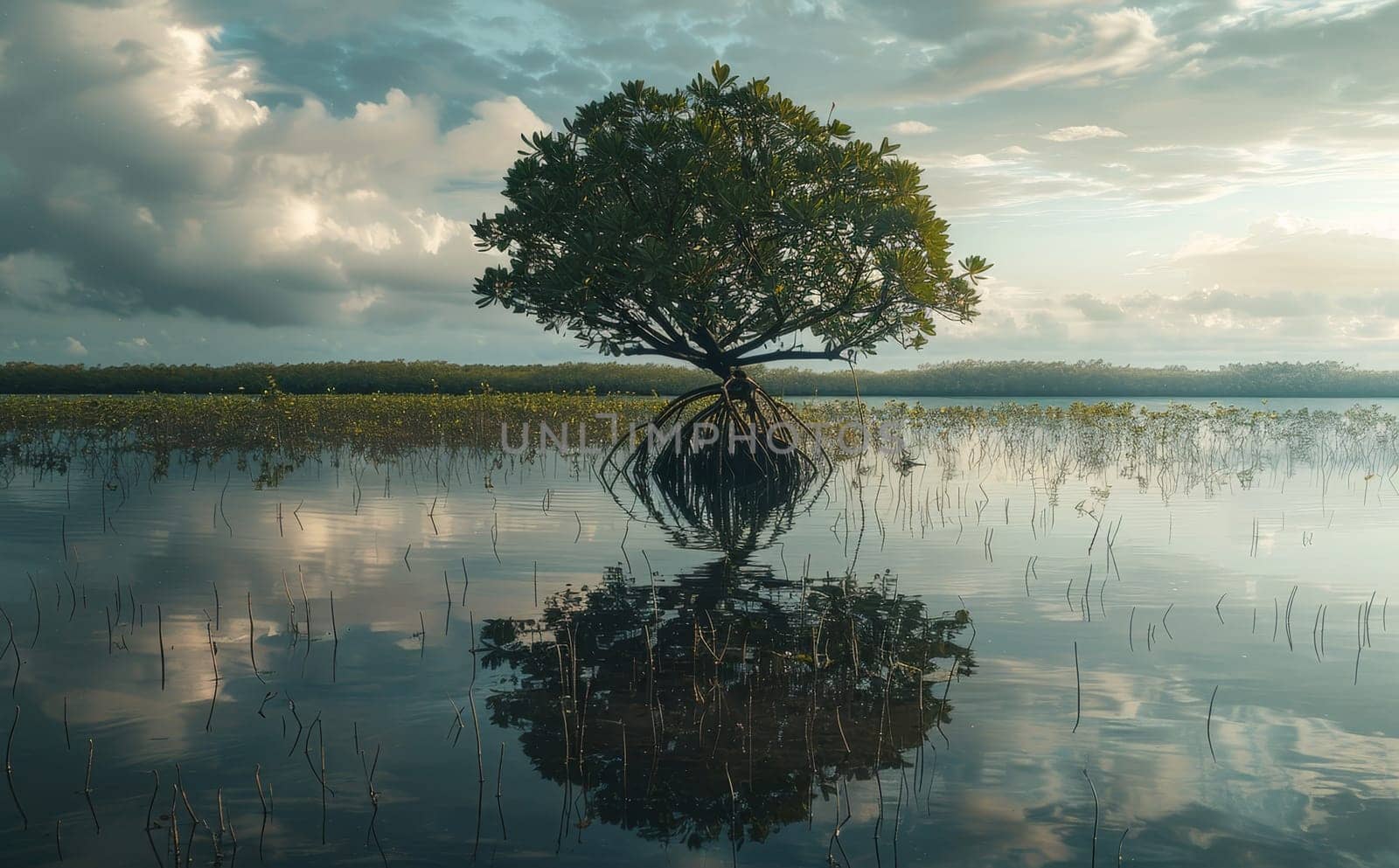 A large tree is reflected in the water by AI generated image.