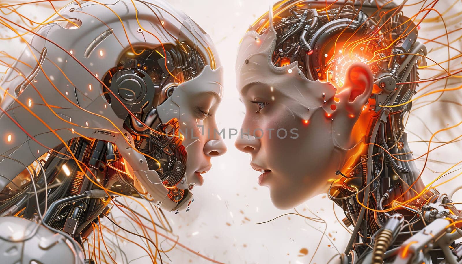 Two robots are facing each other with their eyes open by AI generated image by wichayada