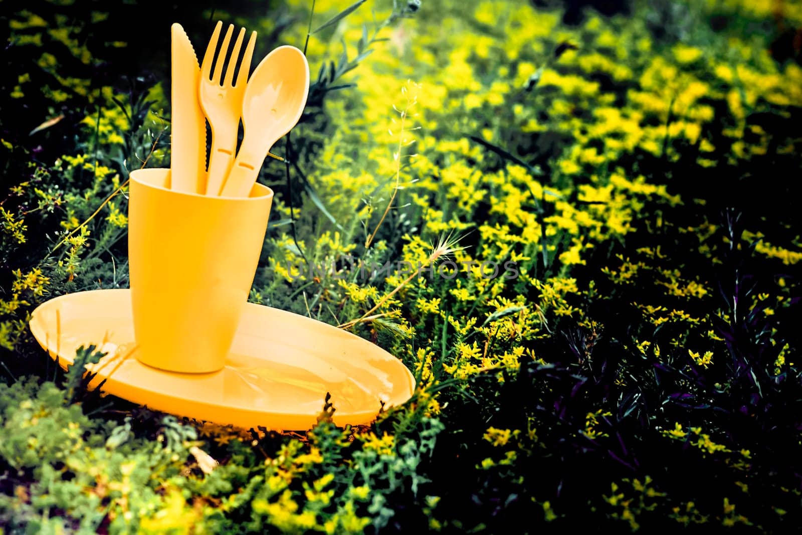 Camping.Yellow plastic dinnerware set.Cup,plate,fork,knife,spoon.Sunny meadow by jovani68