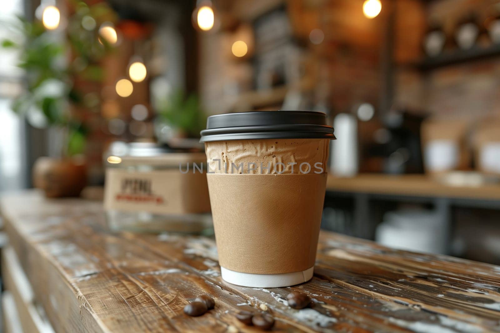 A single paper cup of coffee sits on a rustic wooden countertop. The cup has a black lid and a brown paper sleeve. The background is blurred and shows the interior of a coffee shop, including a wooden shelf with shelves full of coffee bags, a coffee machine, and a counter with a blurry cup on it.