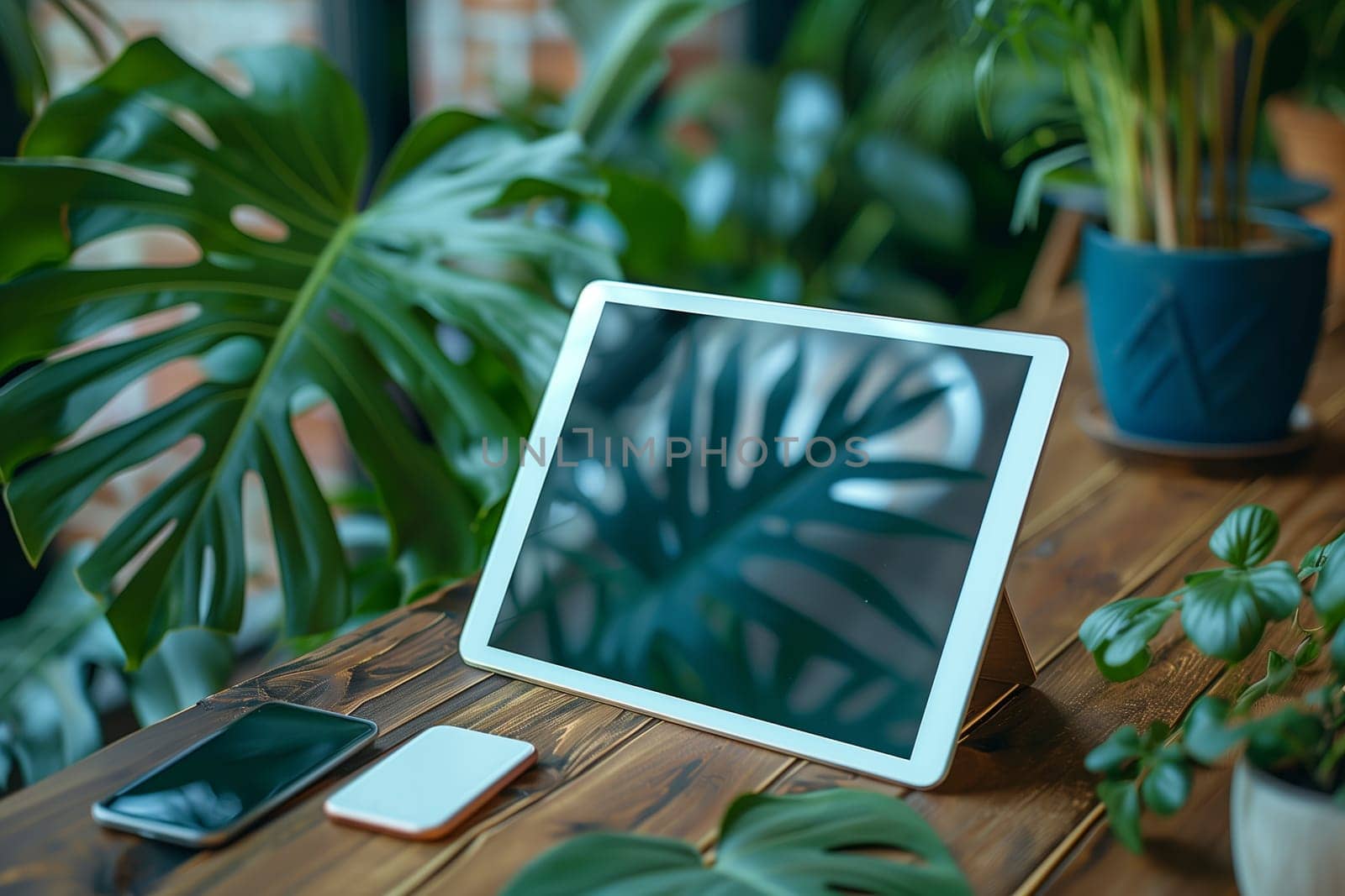 A white tablet rests on a wooden table with a green plant reflected in its screen. There is a smartphone and a small white object on the table as well. Lush green foliage surrounds the scene, creating a calm and peaceful atmosphere.