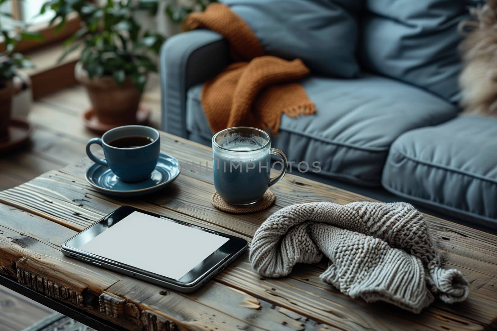 A rustic wooden coffee table is set with a tablet, a cup of coffee, a cup of tea, and a gray knitted sweater. The table is positioned in front of a gray couch, suggesting a comfortable and relaxing atmosphere.