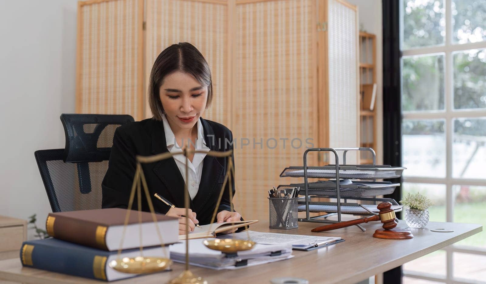 Professional Female Lawyer Reviewing Legal Documents in Modern Office for Lawsuit Preparation by wichayada