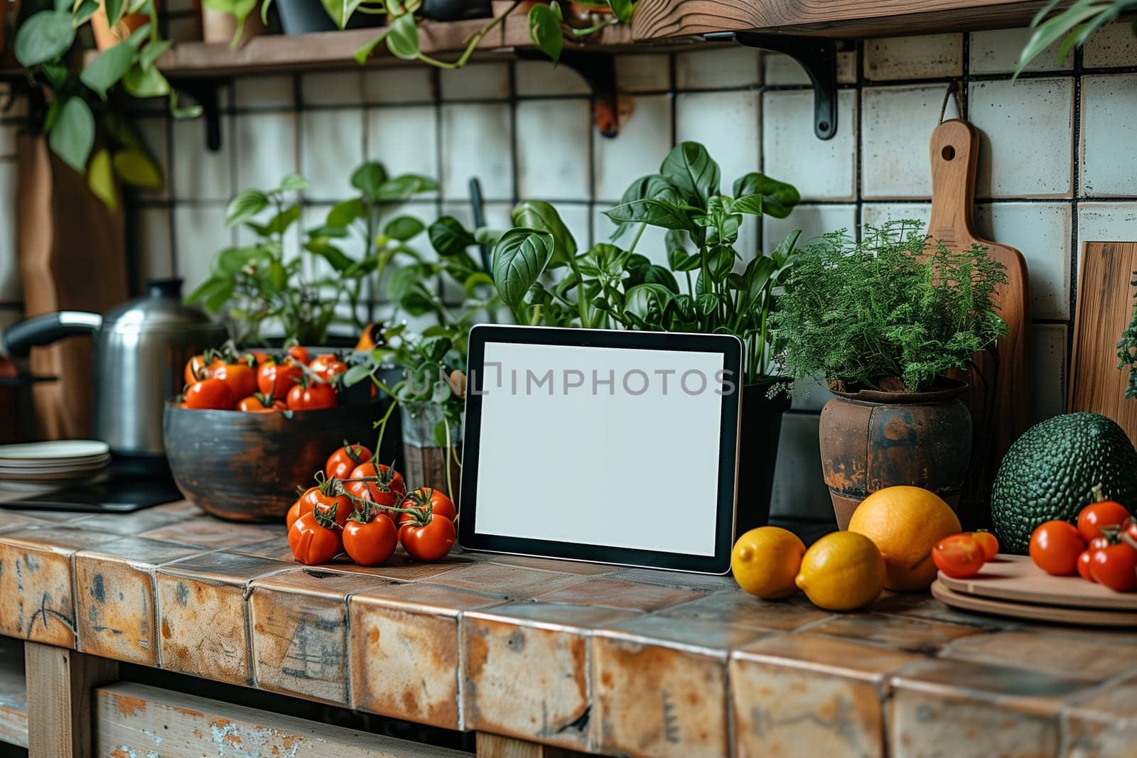 A digital tablet with a blank white screen rests on a rustic kitchen countertop, surrounded by fresh produce like tomatoes, lemons, and avocados. Green plants in terracotta pots add a natural touch to the scene. The countertop is made of brown and orange tiles, adding to the rustic aesthetic.