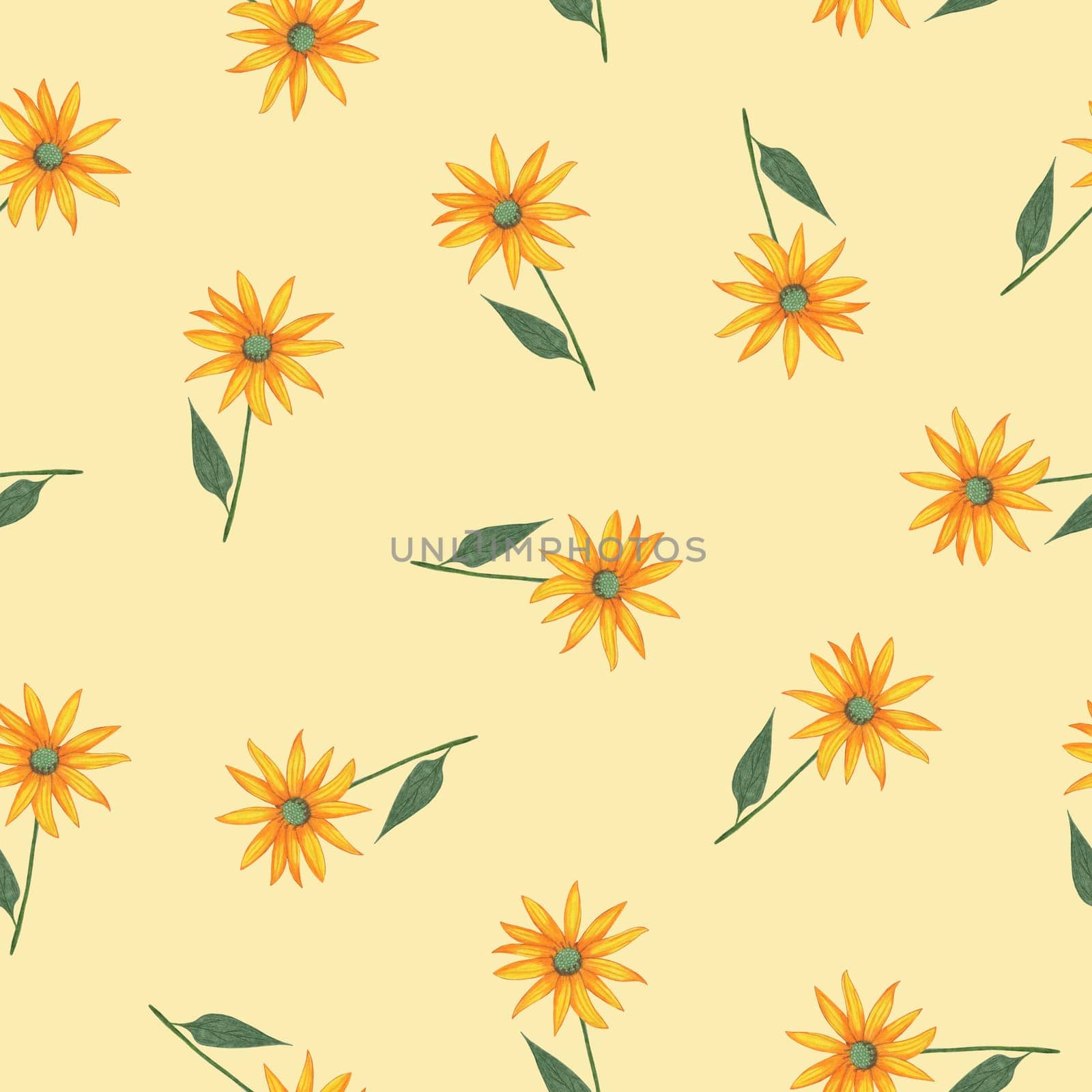 Topinambur Flower Seamless Pattern. Hand Drawn Floral Digital Paper on Yellow Background.