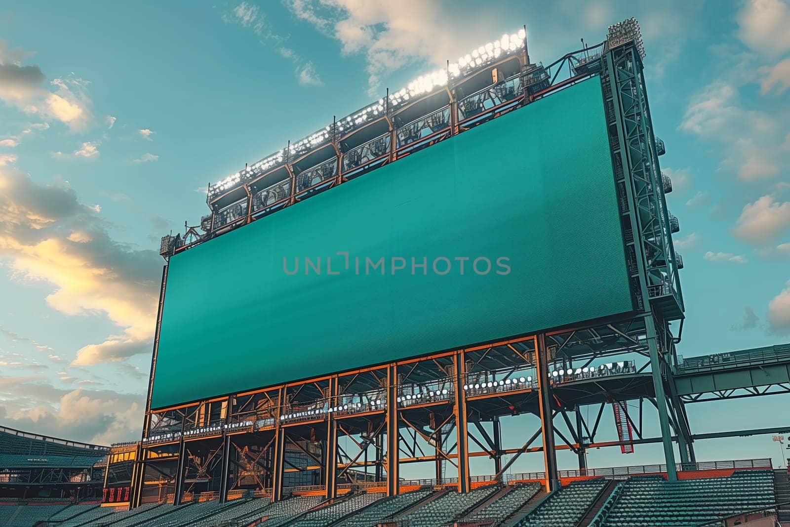 A large green scoreboard, blank and ready for a message, sits above the seats at a baseball stadium during the day. The sky is blue with some wispy clouds.